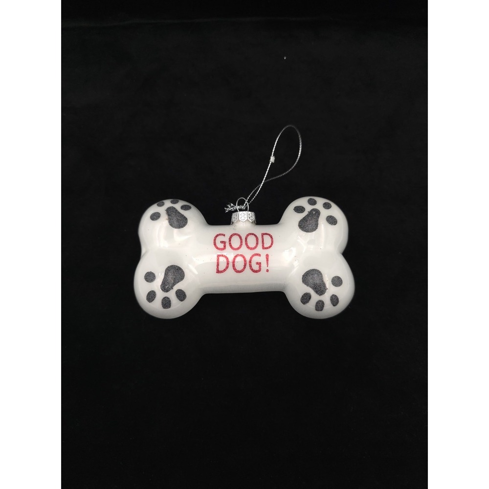 Good Dog Bone Shaped White Glass Christmas Ornament Paw Prints Dog Lover Gift